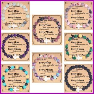 8mm Natural Stone Cross Bracelet Set, Stretch Fit, Christian Jewelry Gift